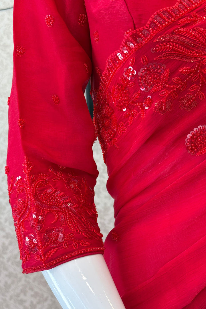Red Beads, Thread and Sequins work Saree