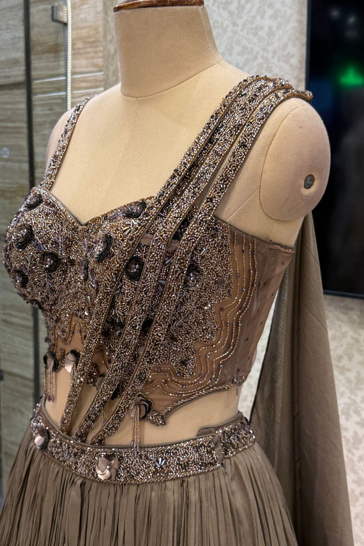 Brown Beads and Sequins work Indo-Western Style Lehenga Set