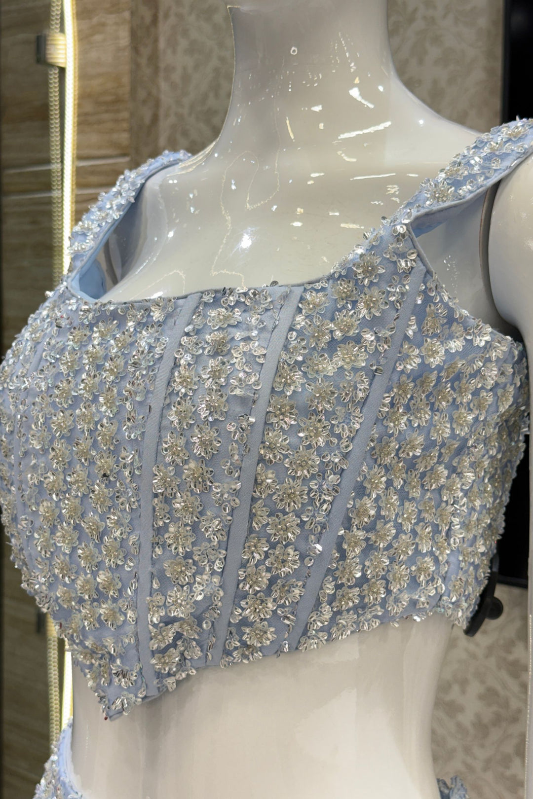 Ice Blue Sequins and Beads work Fishcut Lehenga Set