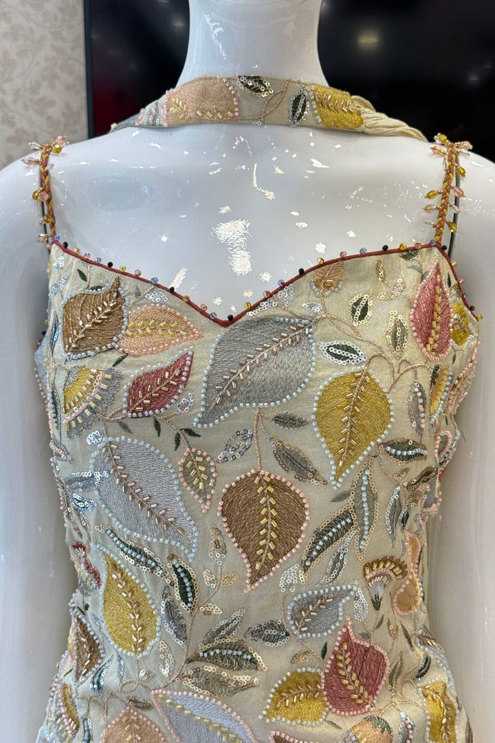 Cream Set Featuring All-Over Multicolour Thread and Bead Leaf Embroidery