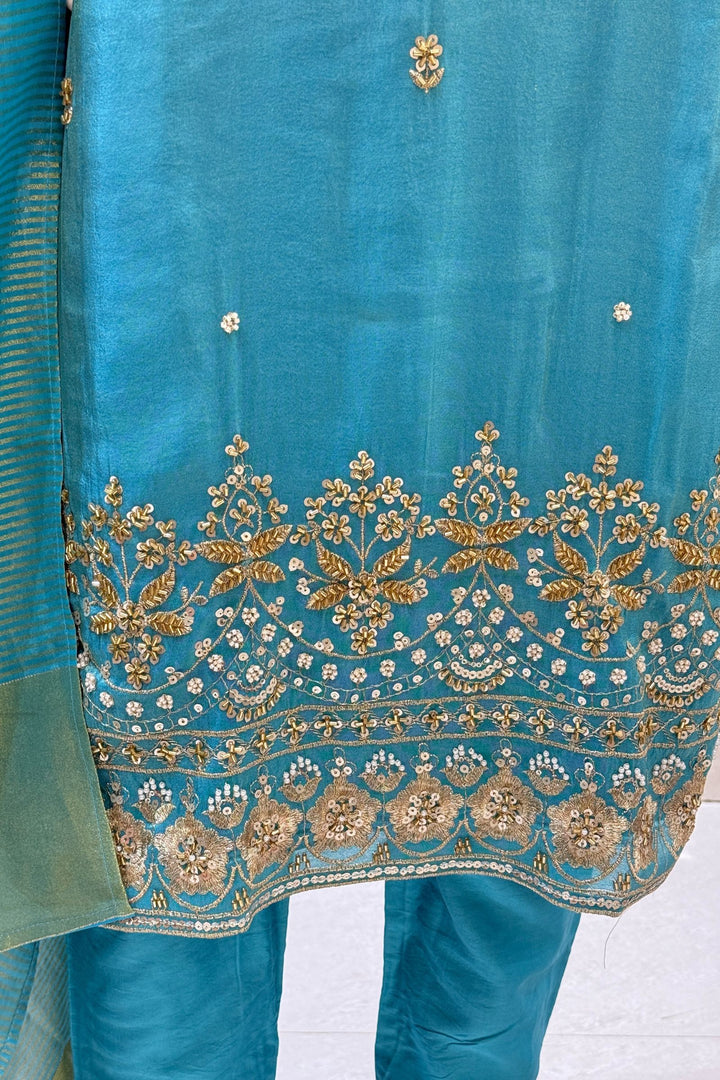 Rama Blue Beads, Zari, Stone and Sequins work Straight Cut Salwar Suit