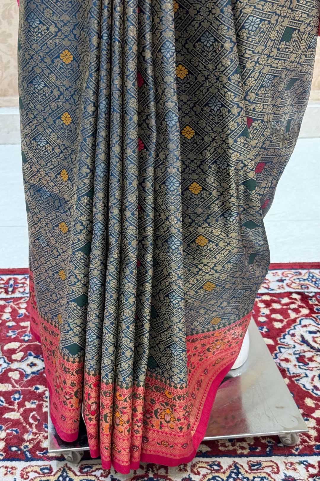 Peacock Blue with Rani Pink Banaras work Saree