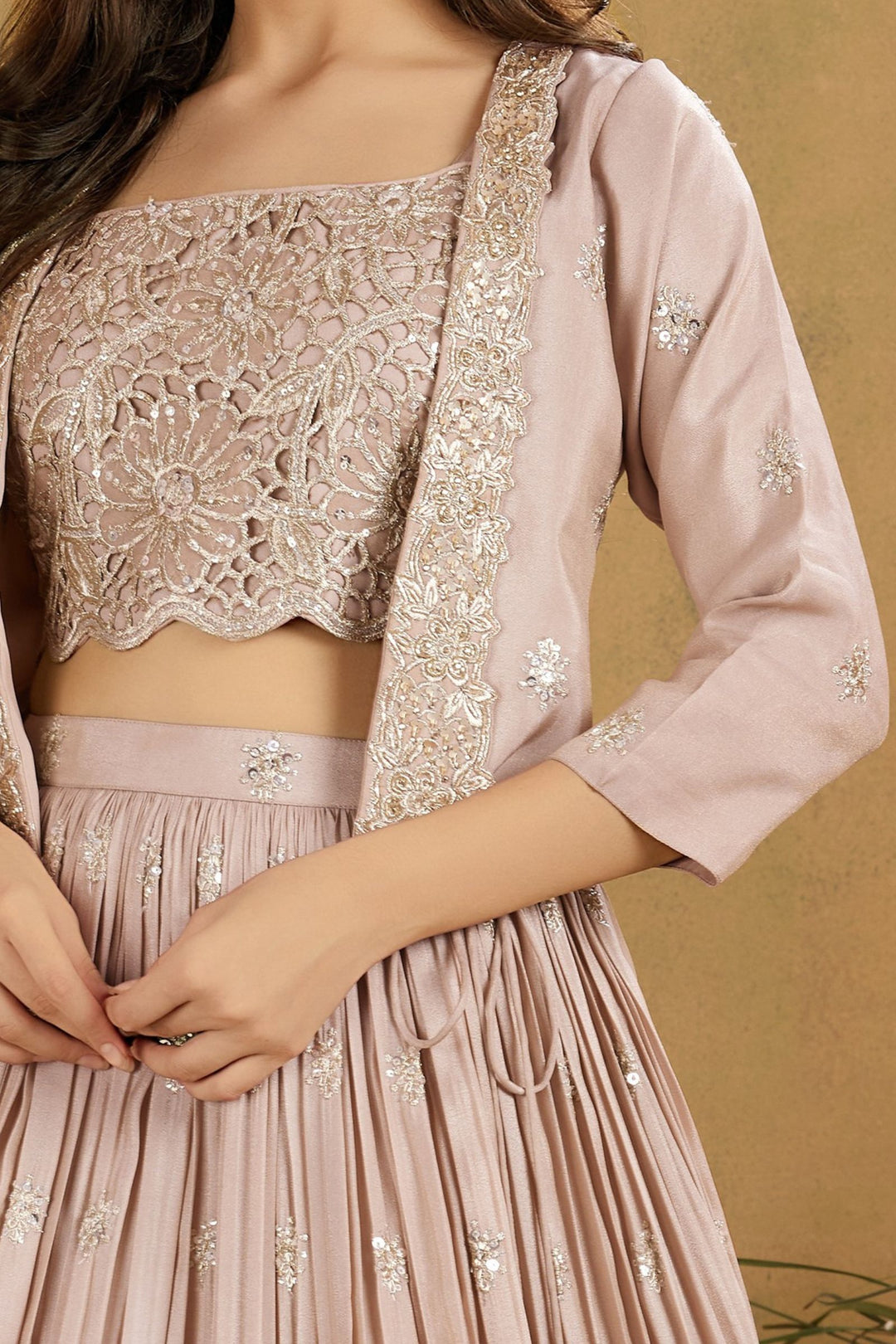 Beige Zari, Sequins, Stone and Beads work Jacket Styled Lehenga Choli for Girls