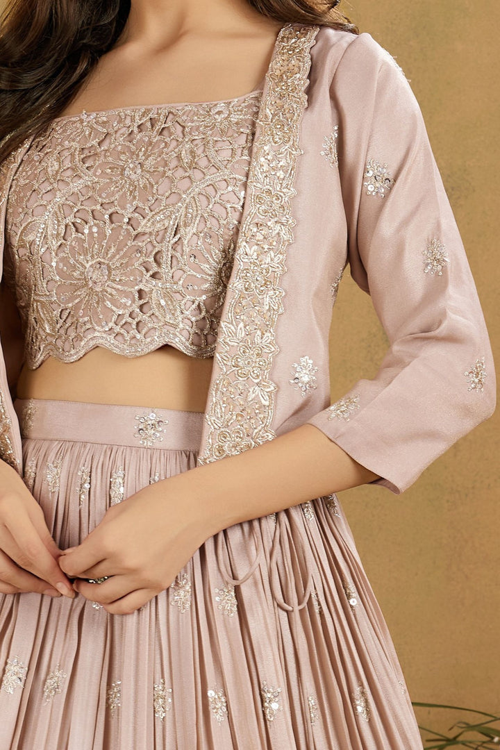 Beige Zari, Sequins, Stone and Beads work Jacket Styled Lehenga Choli for Girls
