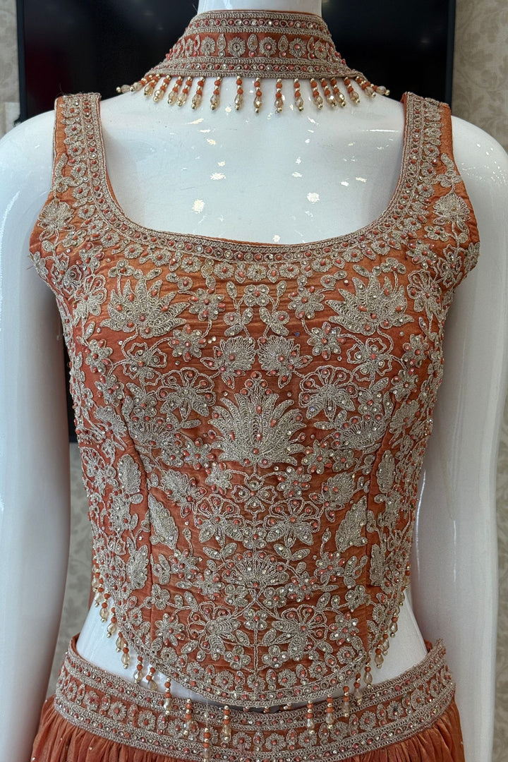 Rust Zari Thread, Stone and Beads work Palazzo Set with Corset Top