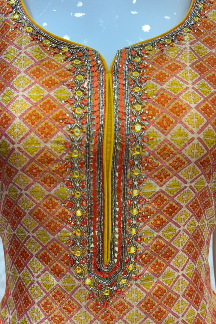 Yellow Beads, Stone, Mirror, Zardozi and Thread work with Digital Print Straight Cut Salwar Suit