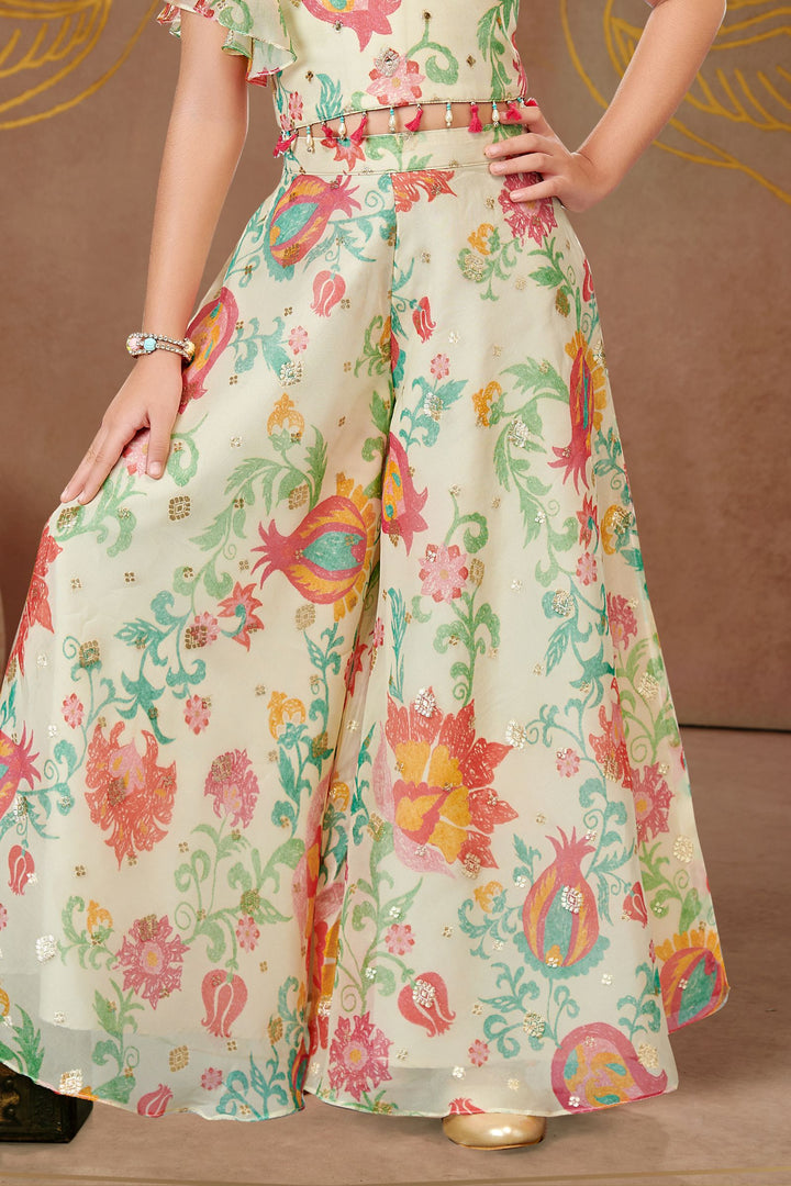 Light Yellow Zardozi and Mirror work with Multicolor Digital Print Palazzo Suit Set for Girls