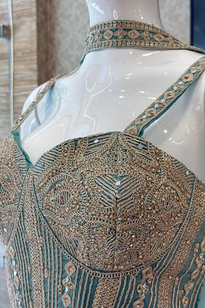 Sea Blue Zari Thread, Mirror and Stone work Palazzo Set with Corset Top