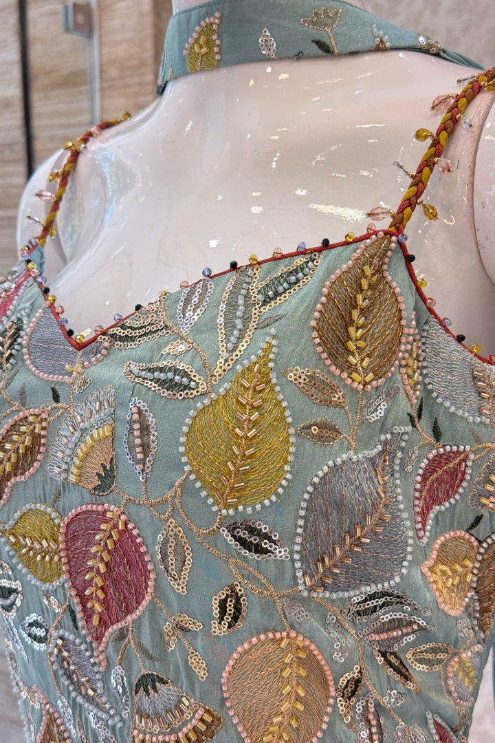Sea Green Set Featuring All-Over Multicolour Thread and Bead Leaf Embroidery