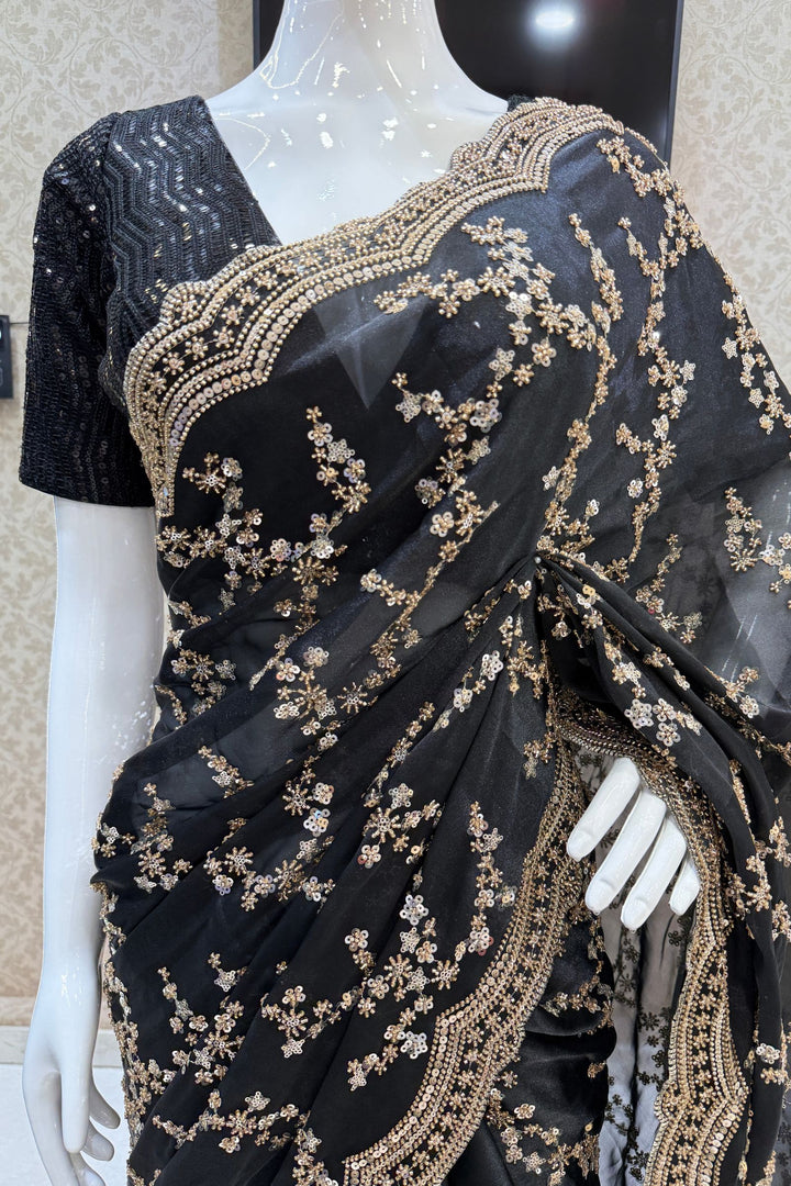 Black Beads, Zari and Sequins work Saree