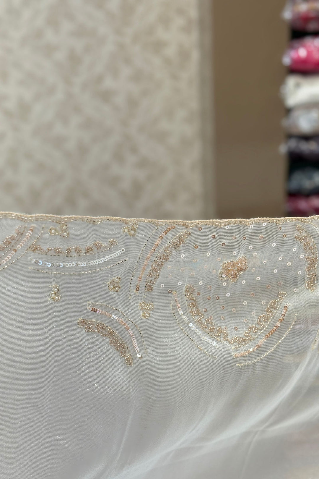 Half White Beads, Sequins and Thread work Saree