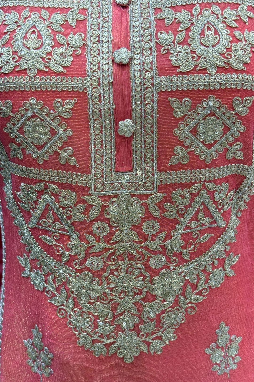 Tomato Red Zari and Sequins work with Digital Print Palazzo Salwar Suit