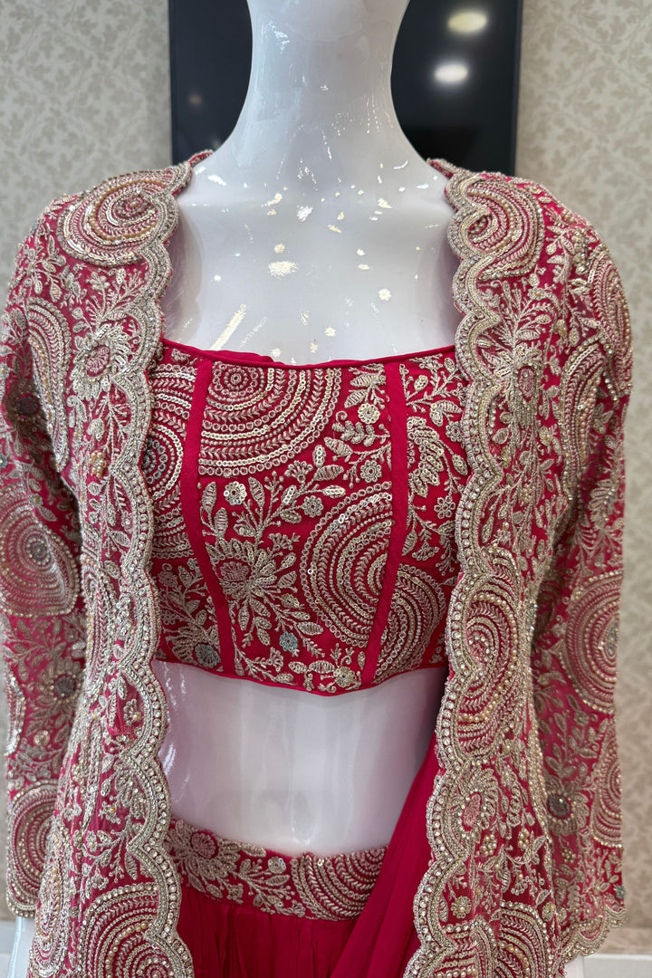 Rani Pink Drape Style Lehenga with Sequins, Stone and Zari work Long Overcoat