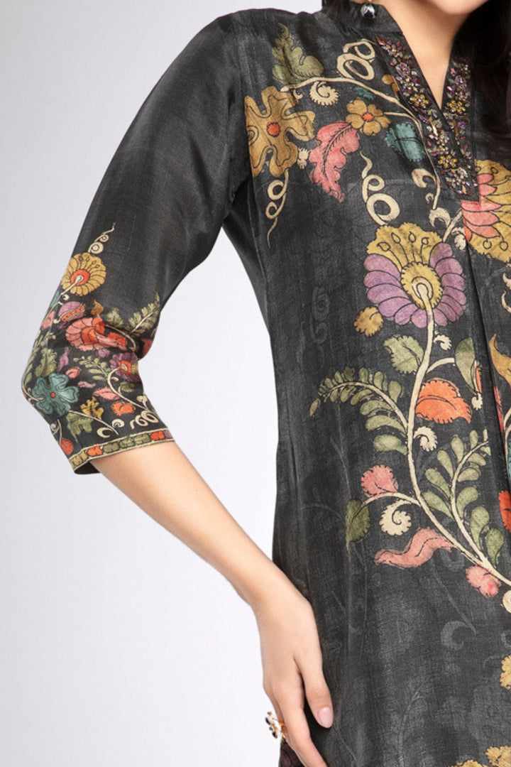 Elephant Grey Zardozi, Beads and Stone work with Floral Print A-line Cut Calf Length Kurti