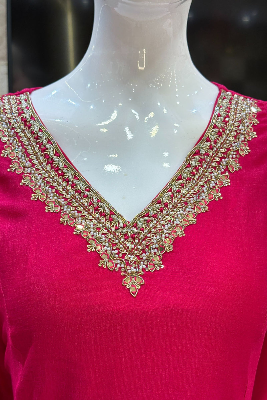 Rani Pink Beads, Pearl, Zardozi, Stone, Zari and Sequins work Aline Cut Salwar Suit
