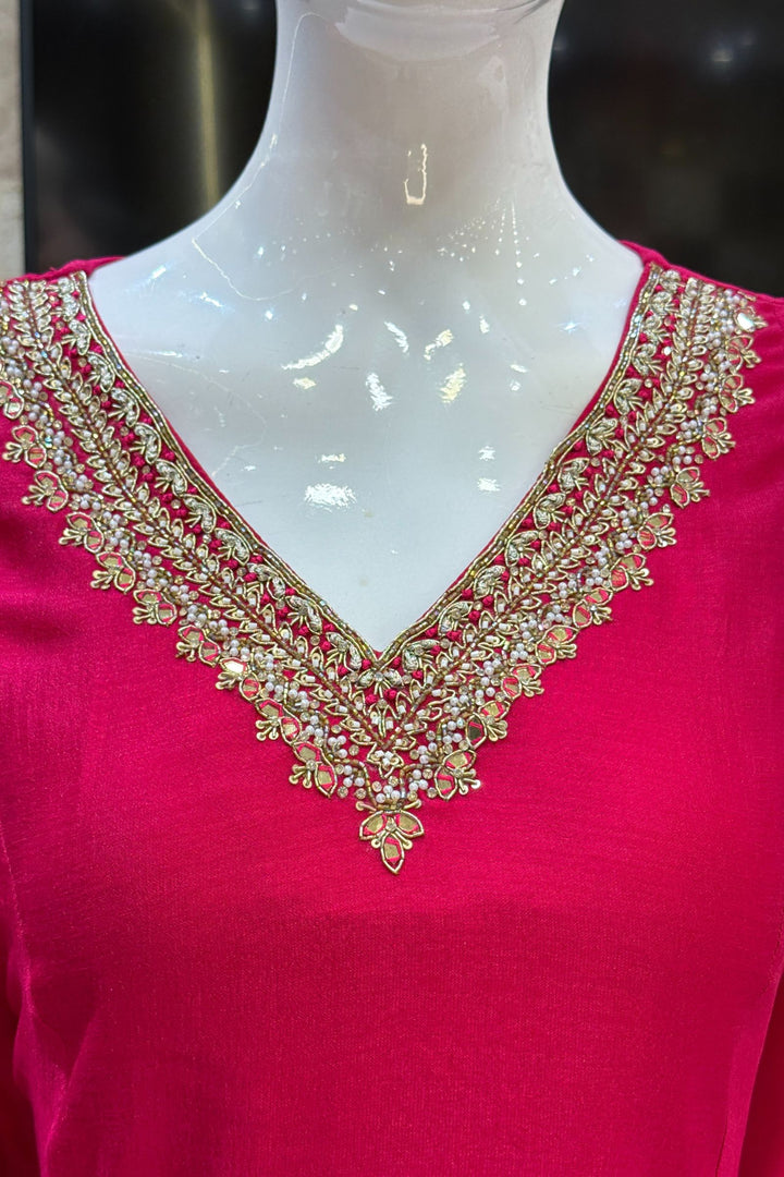Rani Pink Beads, Pearl, Zardozi, Stone, Zari and Sequins work Aline Cut Salwar Suit