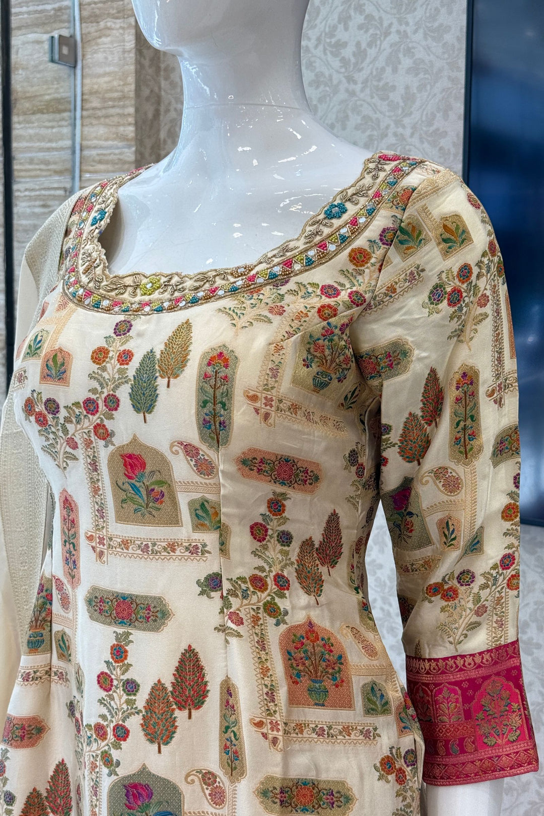 Beige Beads, Mirror, Zardozi and Banaras work Palazzo Salwar Suit