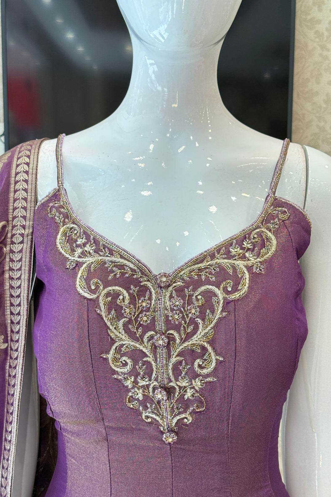 Purple Zardozi, Stone, Beads and Sequins work Palazzo Set with Peplum Top