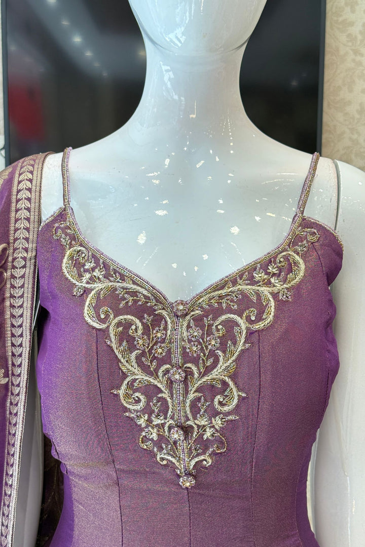 Purple Zardozi, Stone, Beads and Sequins work Palazzo Set with Peplum Top