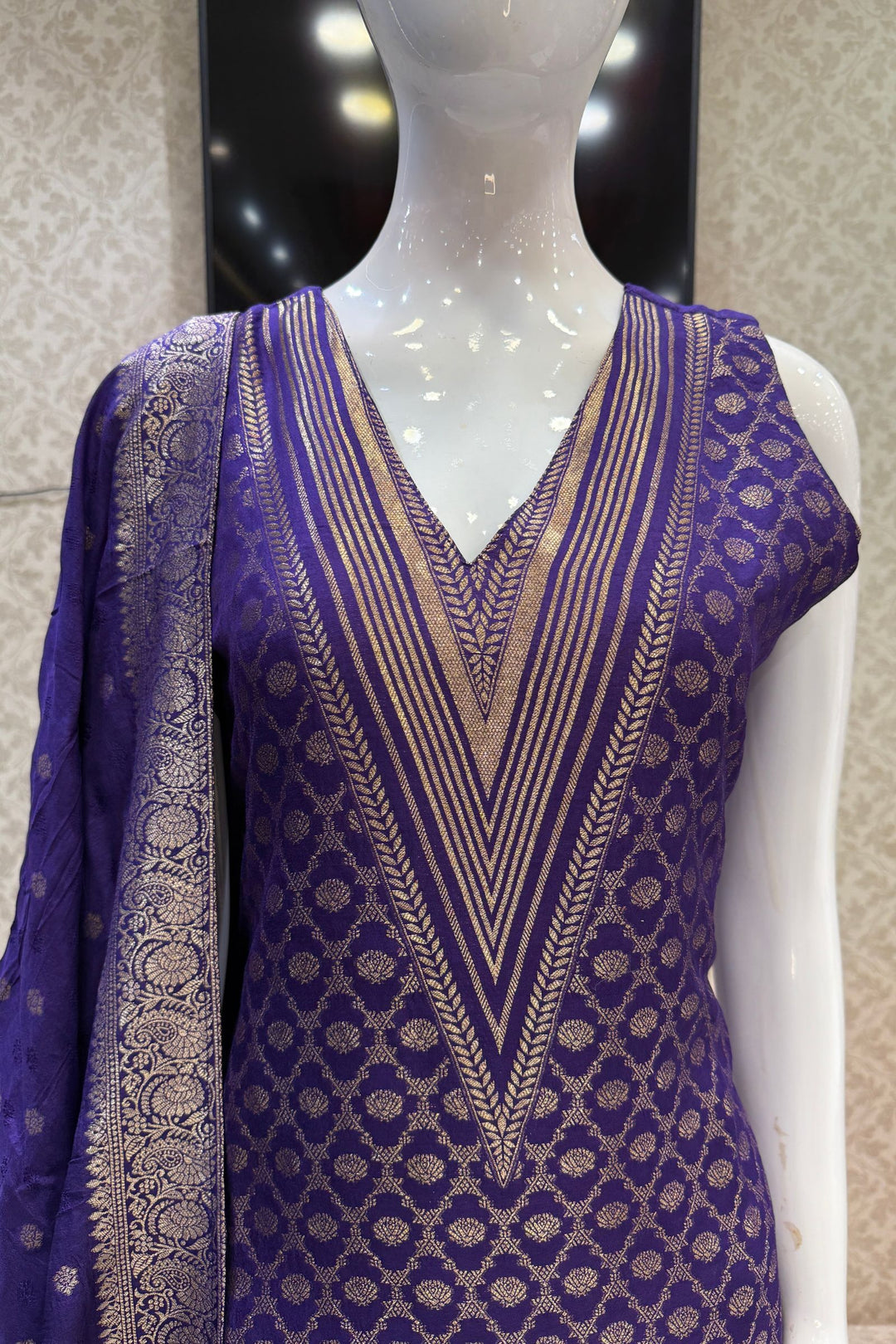 Purple Banaras work V-Neck Straight Cut Salwar Suit