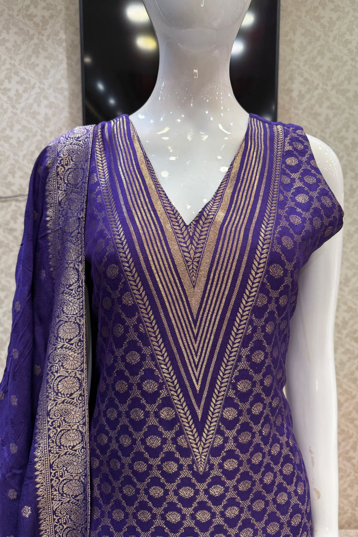 Purple Banaras work V-Neck Straight Cut Salwar Suit