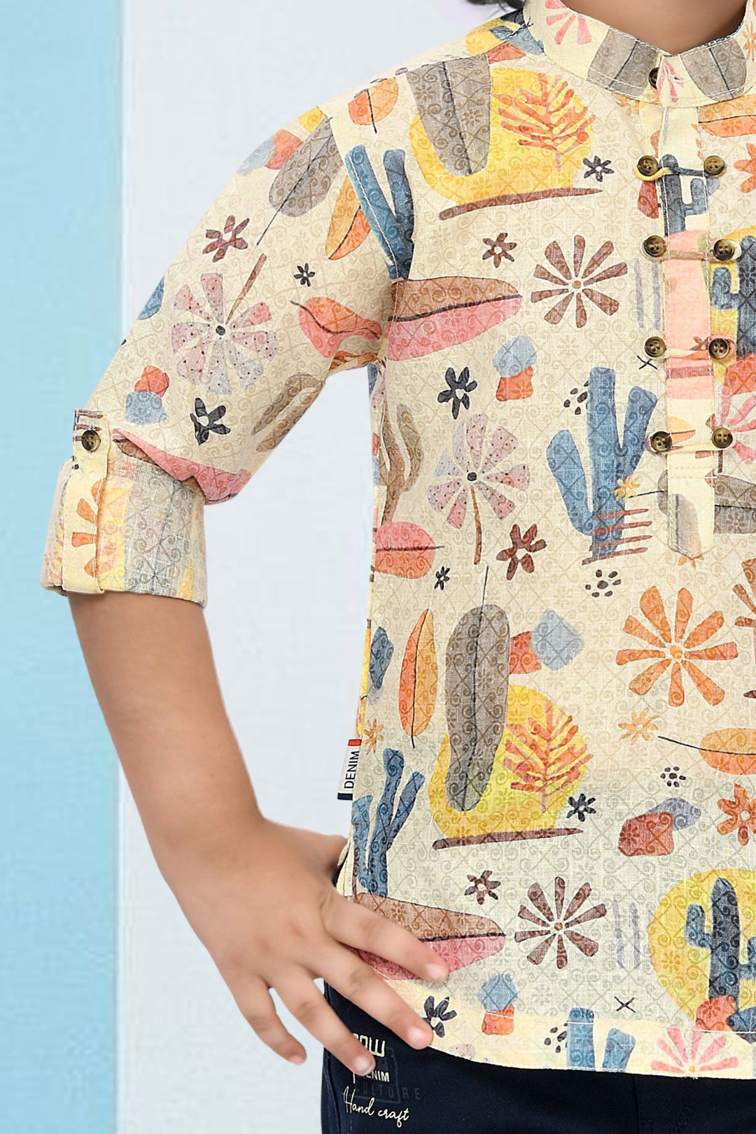 Cream with Multicolor Digital Print Casual wear Shirt and Blue Pant Set for Boys