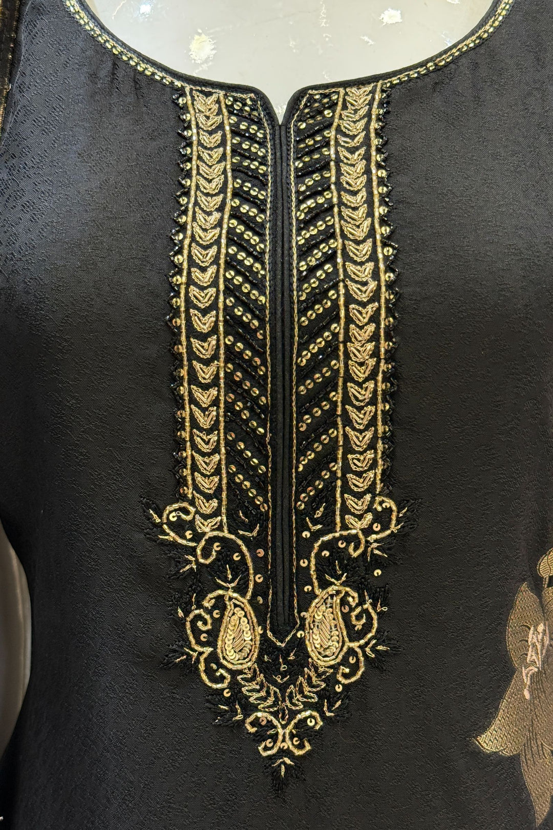 Black Jacquard, Zari, Sequins, Beads and Zardozi work Straight Cut Salwar Suit