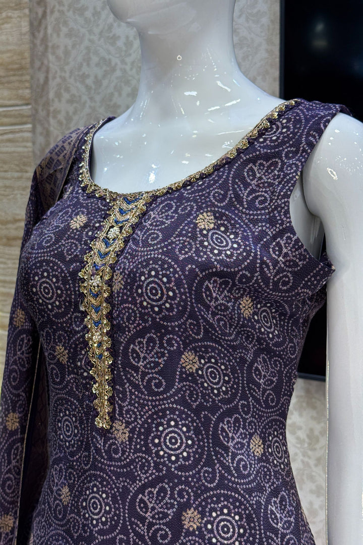 Purple Zari Weaving and Banaras work with Bandini Print Straight Cut Salwar Suit