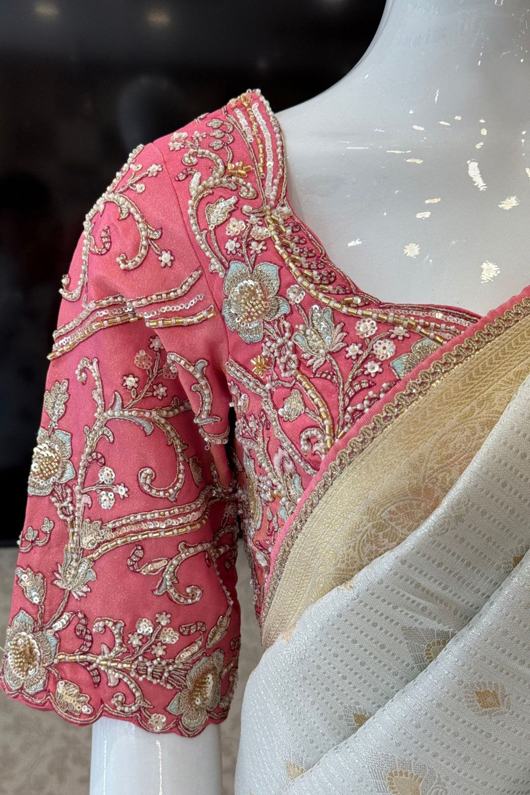 Silver Zari work Saree with Pearl, Zardozi, Beads and Sequins work Readymade Blouse