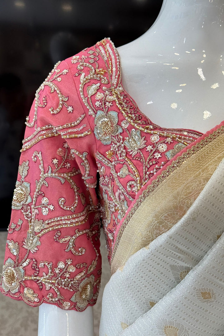 Silver Zari work Saree with Pearl, Zardozi, Beads and Sequins work Readymade Blouse