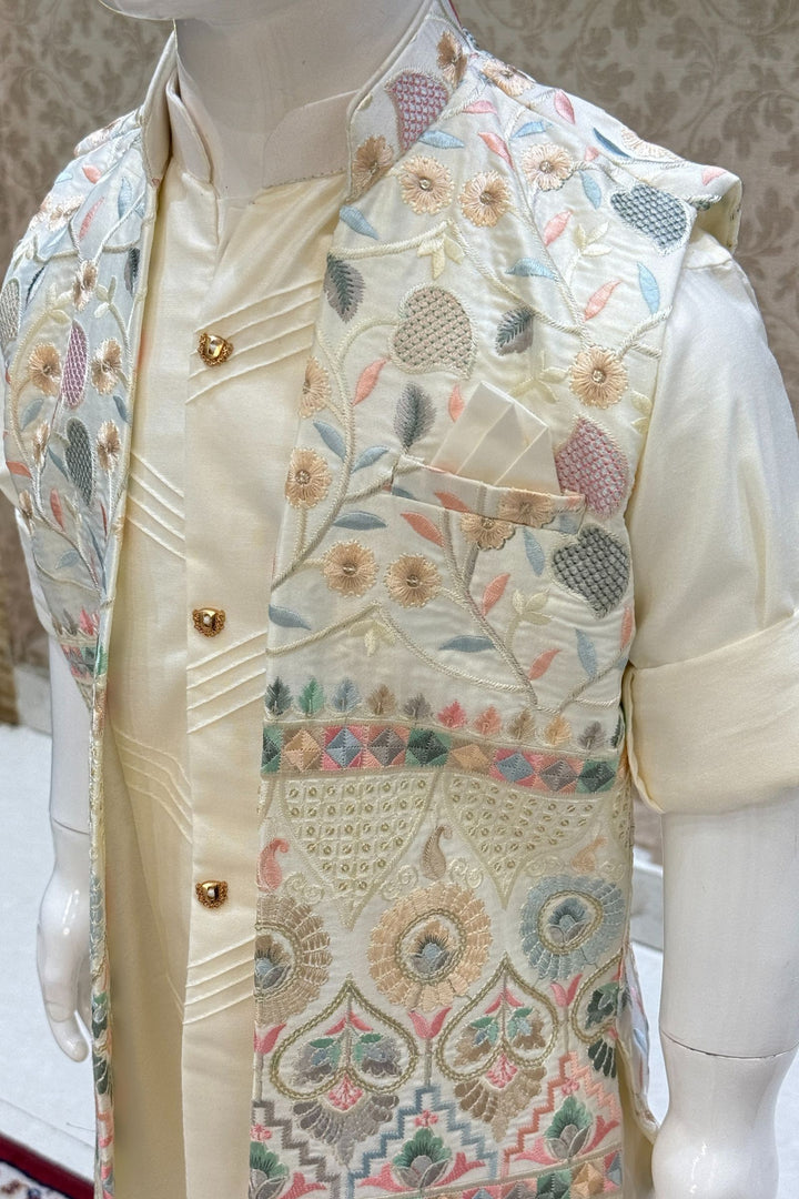 Cream Multicolor Embroidery and Sequins work Waist Coat Kurta Set for Boys