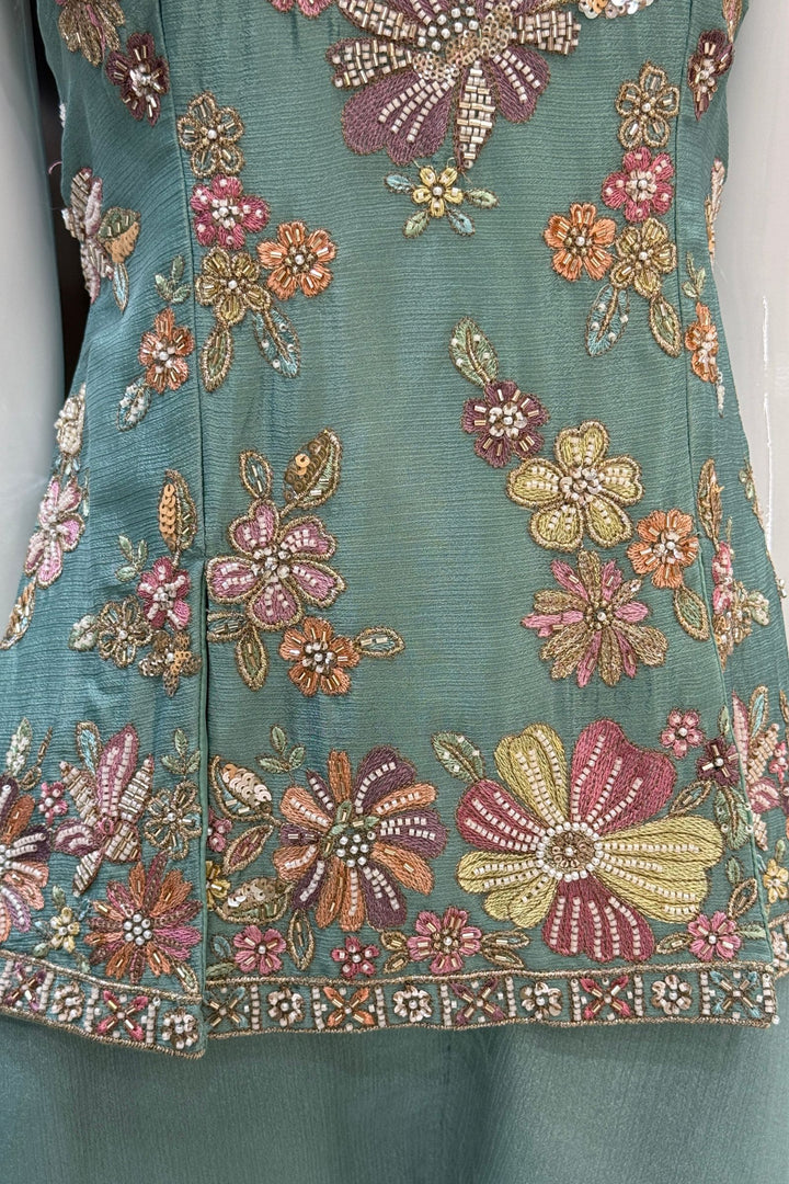 Sea Green Palazzo Set Featuring All-Over Multicolor Embroidery, Beads, Sequins and Zari