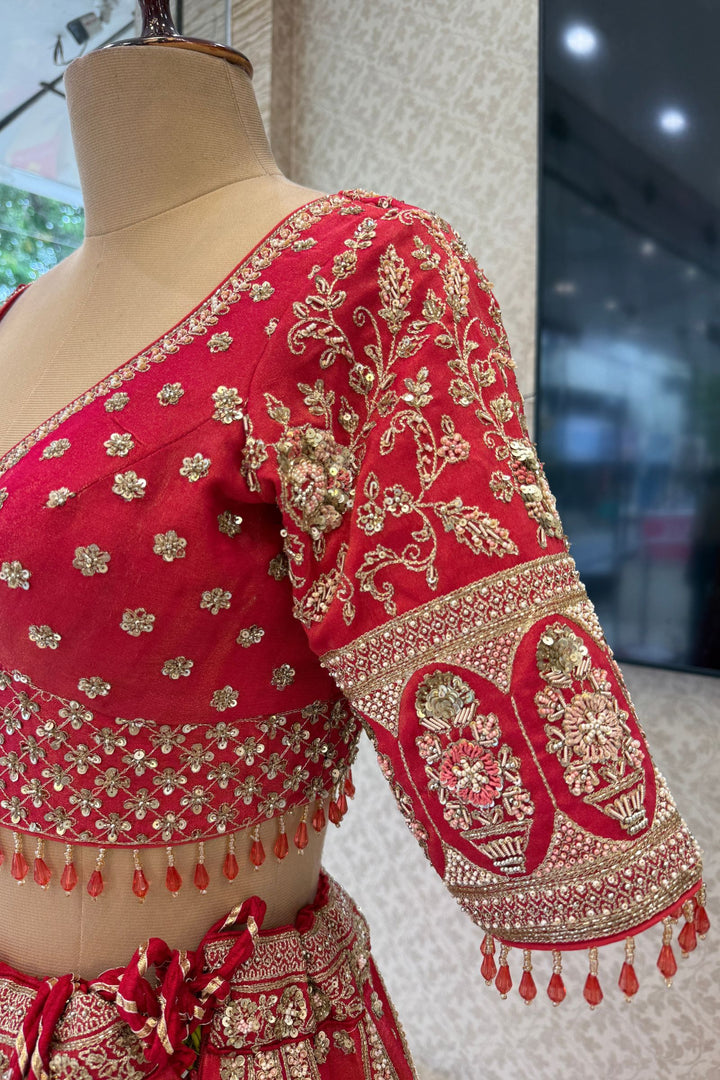 Coral Red Handworked Zardozi, Sequins, Pearl and Beads work Crop Top Designer Bridal Lehenga