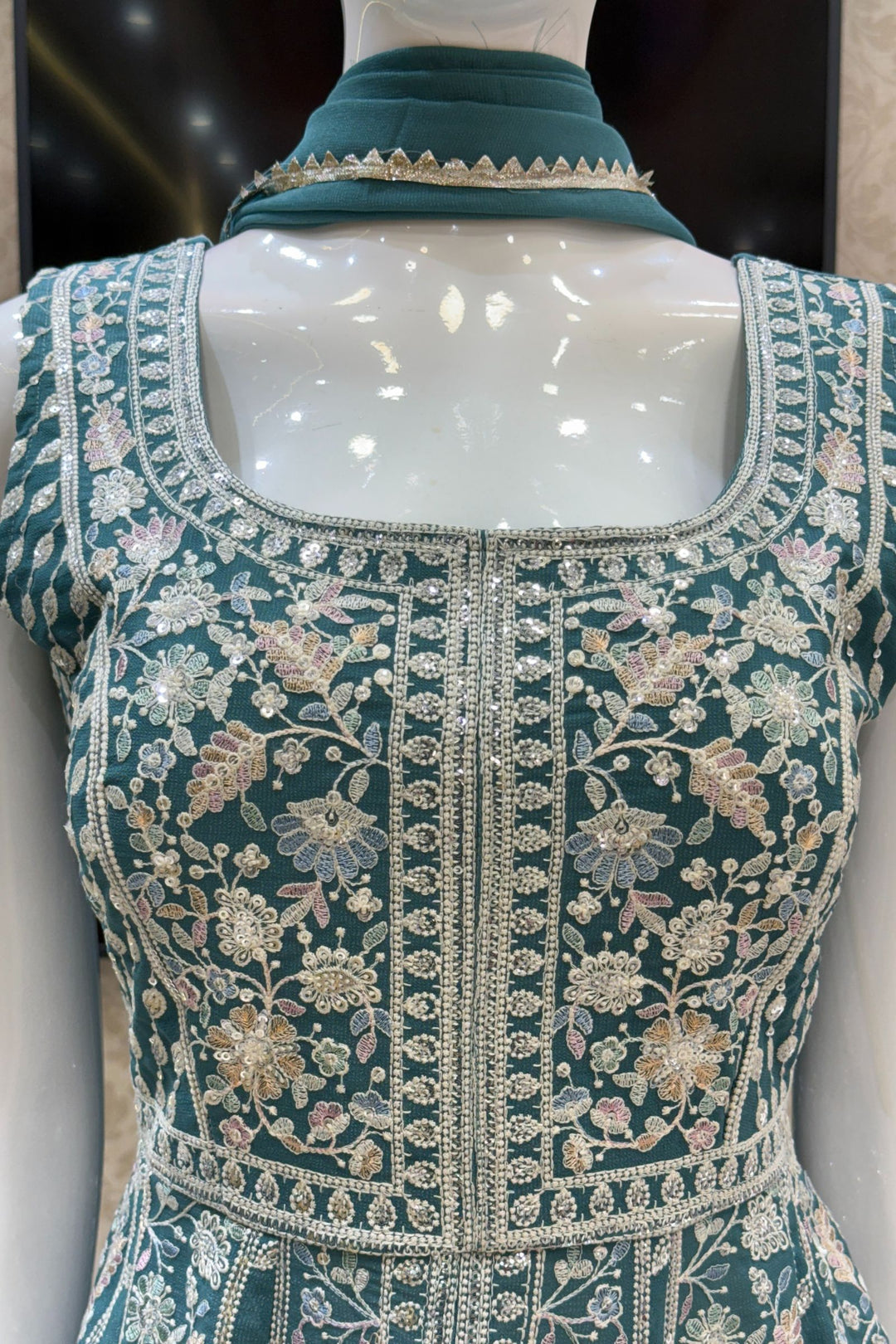Sea Green Multicolor Embroidery and Sequins work Peplum Top with Palazzo Suit Set