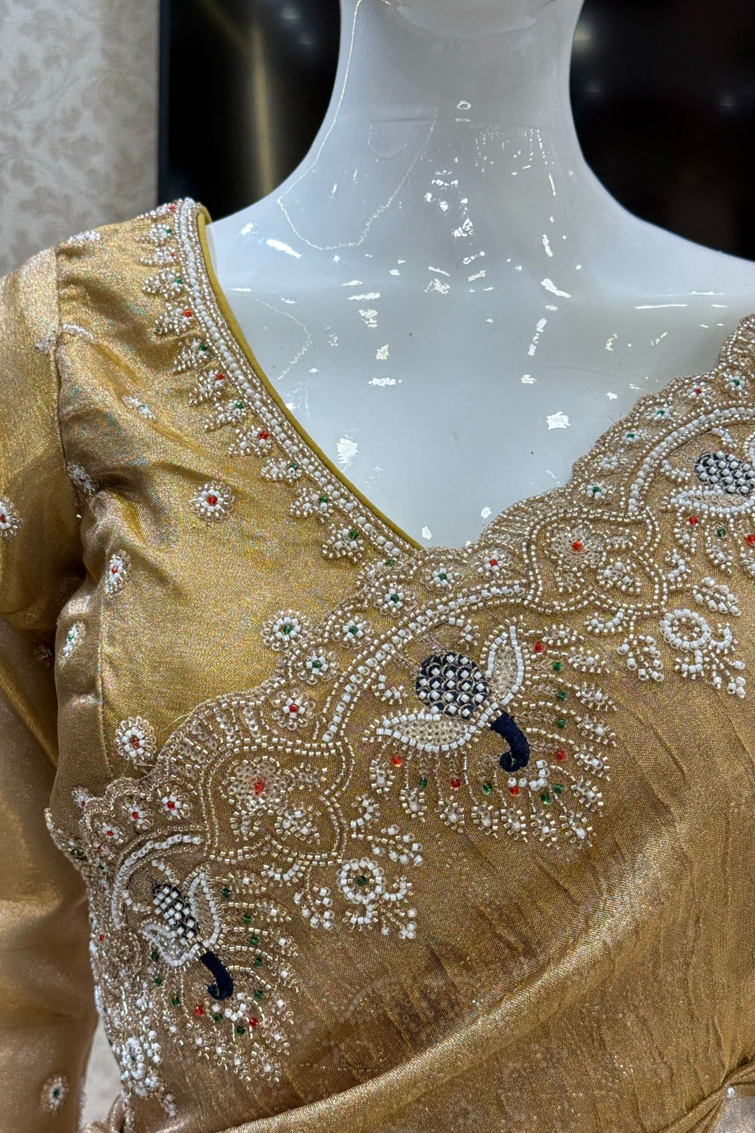 Gold Beads, Sequins, Zari and Thread work Saree