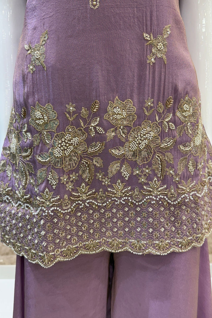 Lilac Beads, Zari and Sequins work Top with Flared Palazzo Set