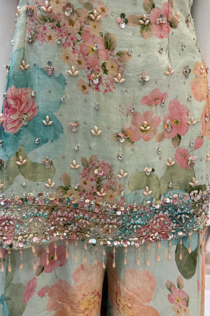 Sea Green Stone, Beads and Kundan work with Floral Print Palazzo Salwar Suit