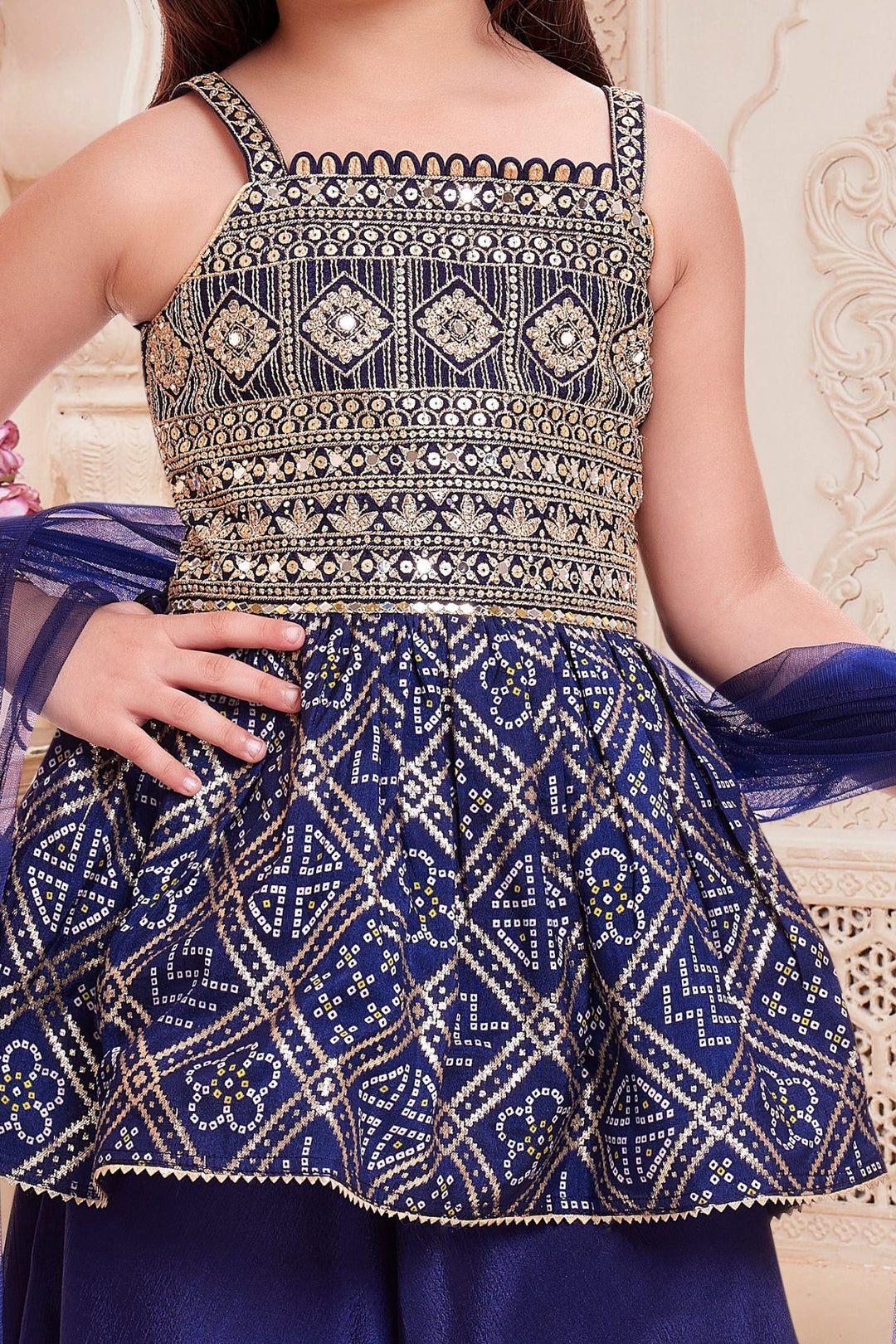 Royal Blue Sequins, Zari and Mirror work Peplum Styled Palazzo Suit Set for Girls