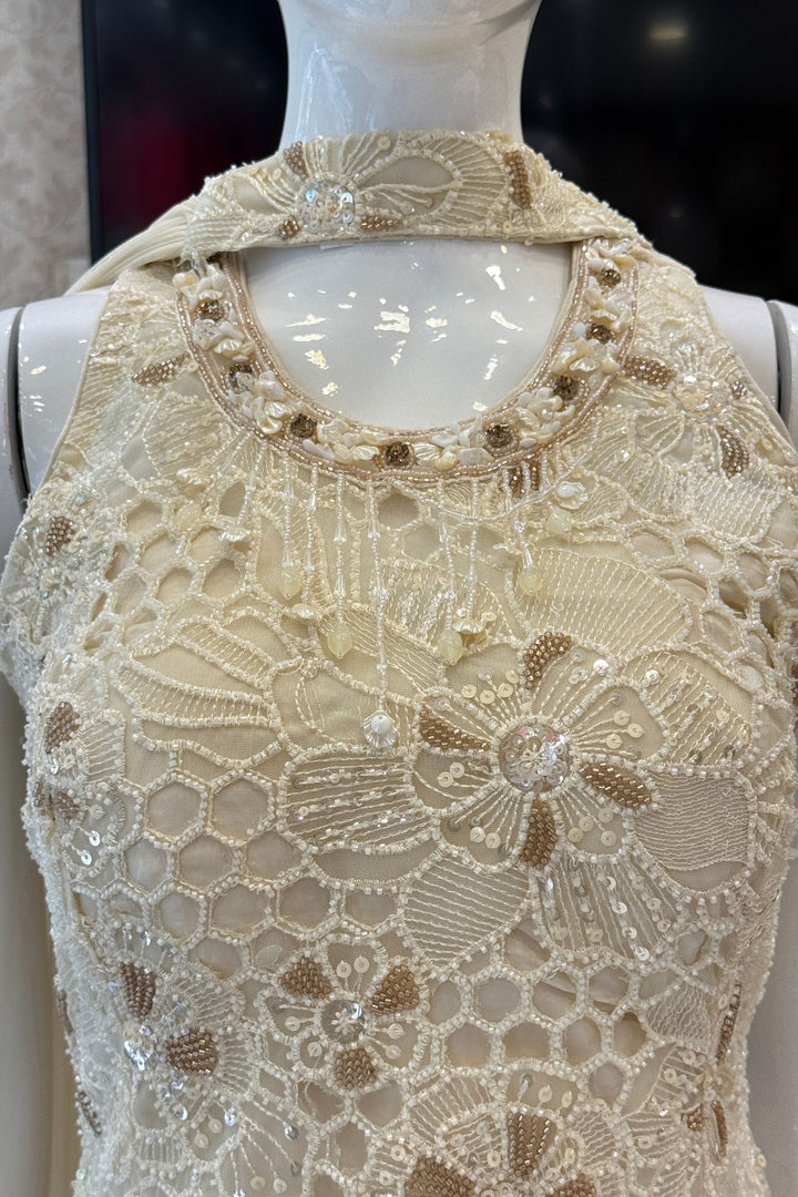 Cream Indo-Western Styled Beads, Sequins and Thread work Top and Cowl Skirt