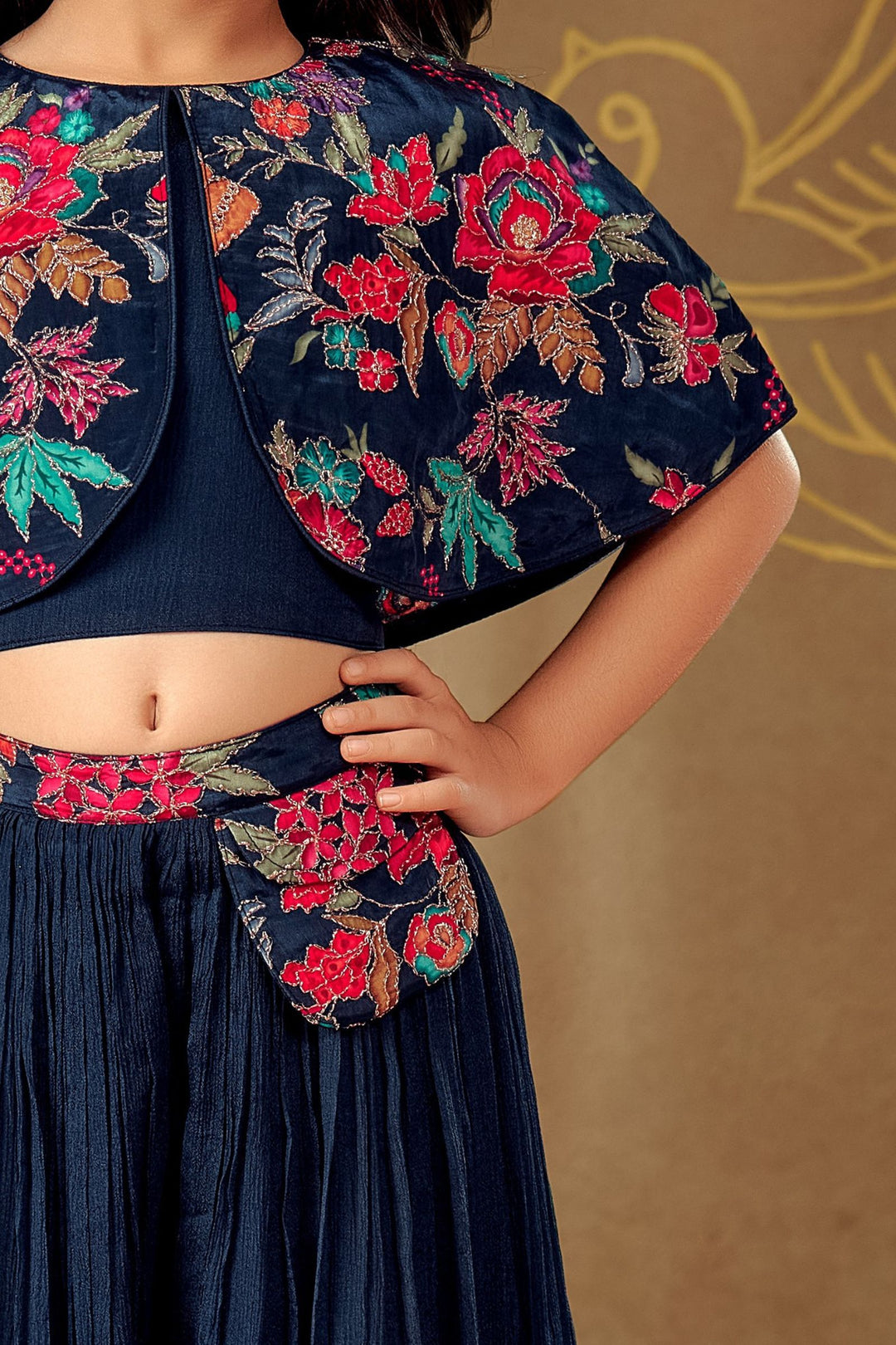 Navy Blue Zari work with Floral Print Poncho Styled Palazzo Suit Set for Girls