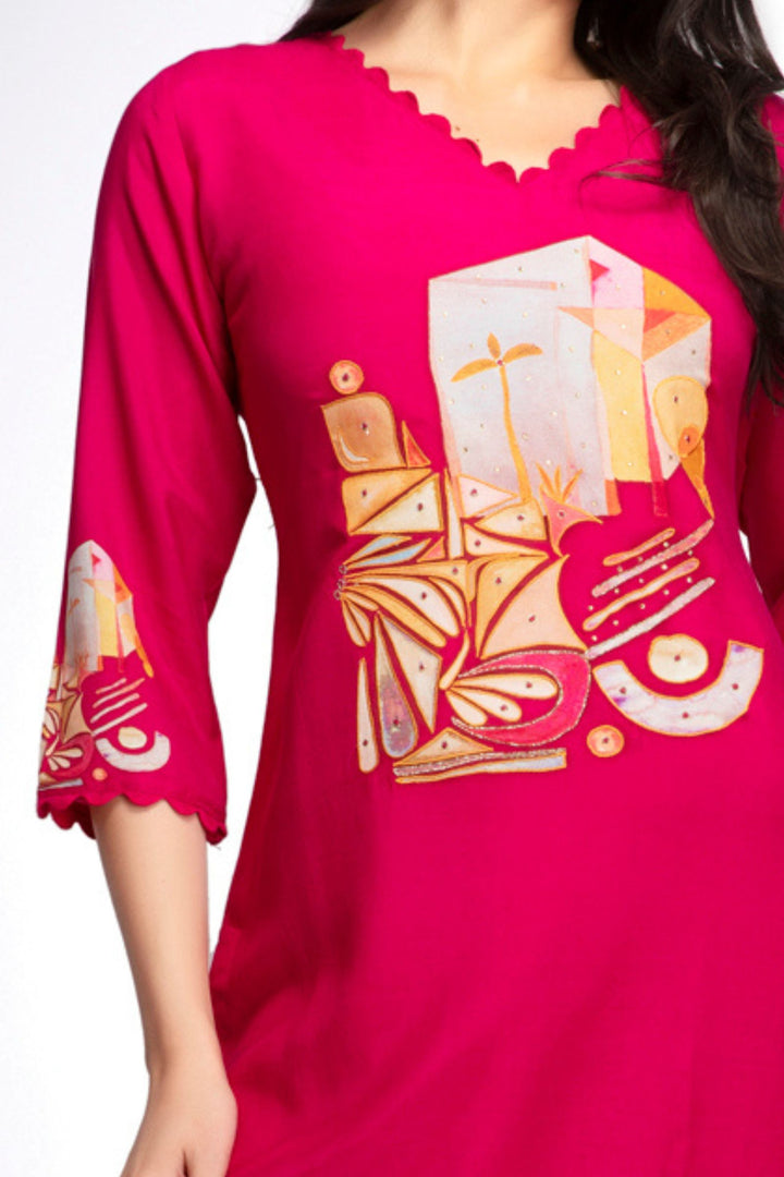 Pink Stone, Zari and Thread work with Digital Print Calf Length Kurti