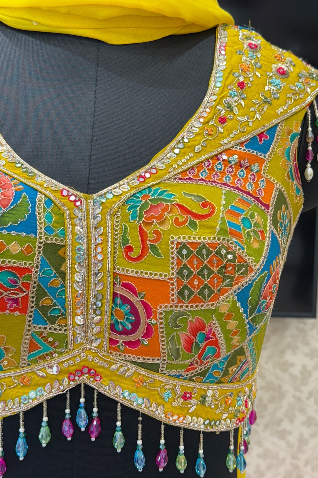 Liril Green Zardozi, Stone and Beads work with Multicolor Digital Print Crop Top Lehenga