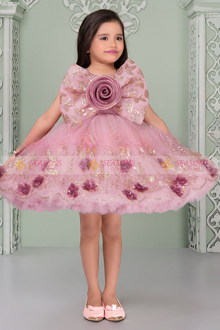 Baby Pink Sequins, Beads and Glitter work Short Partywear Frock for Girls