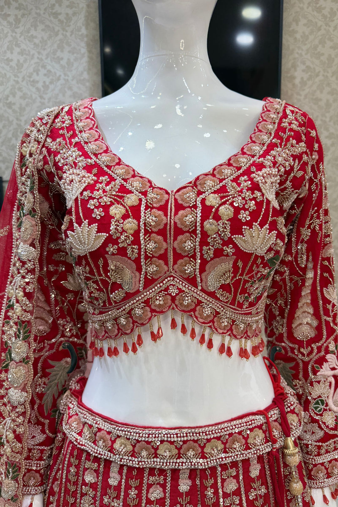 Red Beads, Embroidery, Zari, Sequins and Zardozi work Crop Top Designer Bridal Lehenga