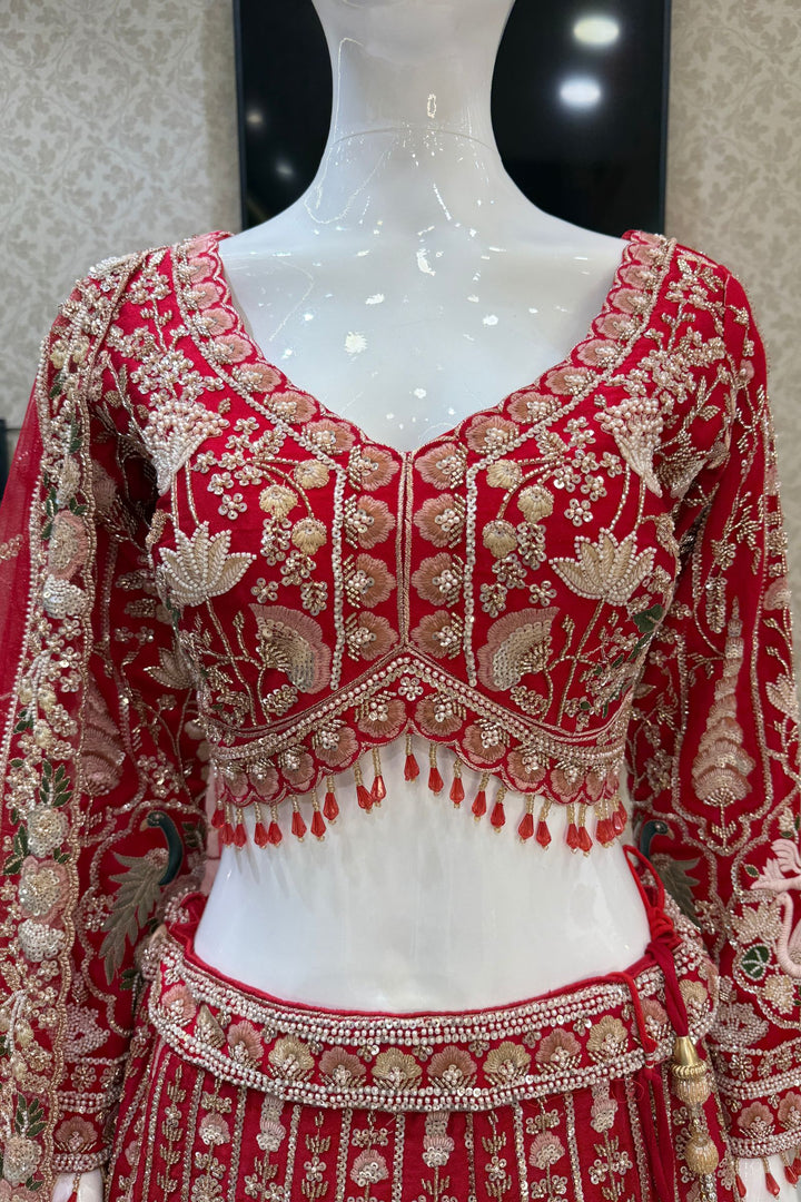 Red Beads, Embroidery, Zari, Sequins and Zardozi work Crop Top Designer Bridal Lehenga