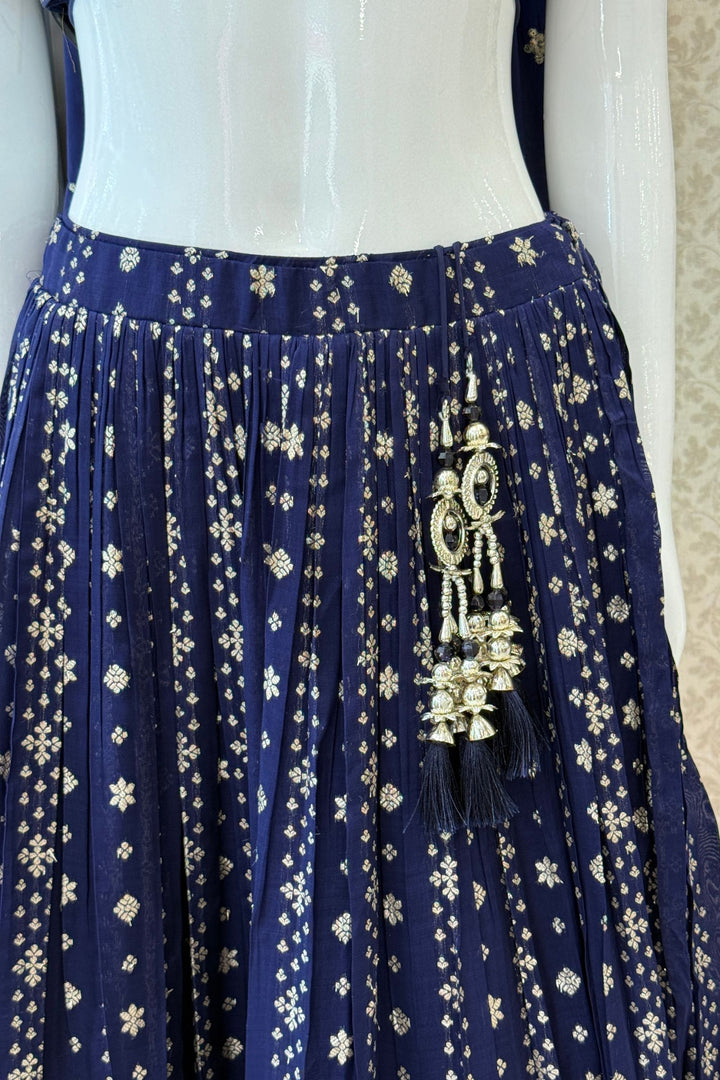 Royal Blue Brocade, Beads, Zari, Zardozi and Sequins work Crop Top Lehenga