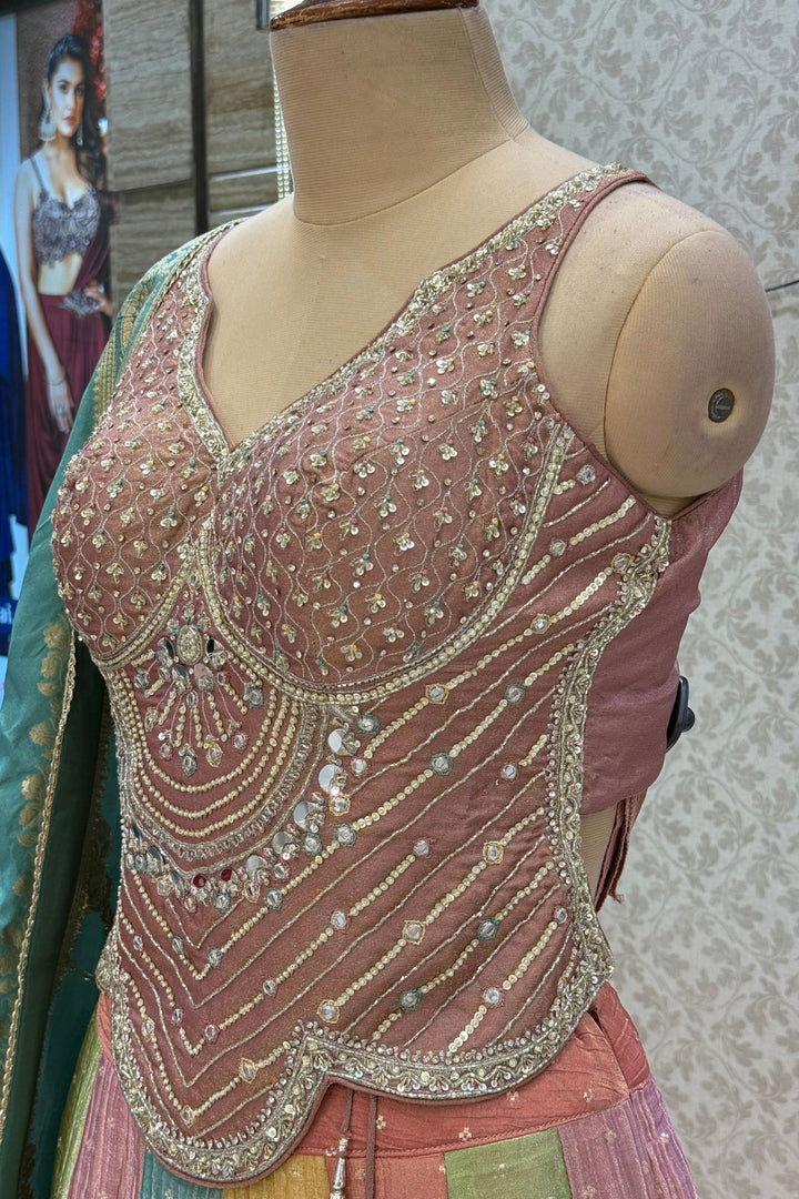 Onion Pink Beads, Stone, Sequins, Mirror and Zari work with Multicolor Lehenga Set