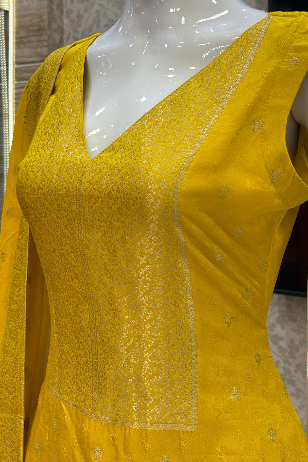 Yellow Banaras work V-Neck Straight Cut Salwar Suit