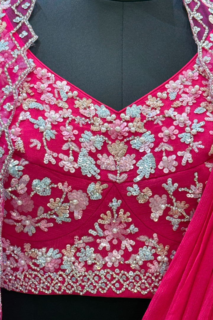 Rani Pink Sequins, Stone and Pearl work Indo-Western Styled Crop Top Lehenga  with Overcoat