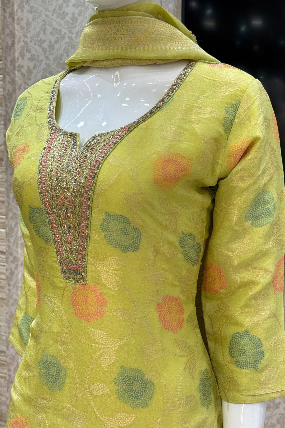 Lemon Green Jacquard, Sequins, Zari, Thread and Beads work Straight Cut Salwar Suit